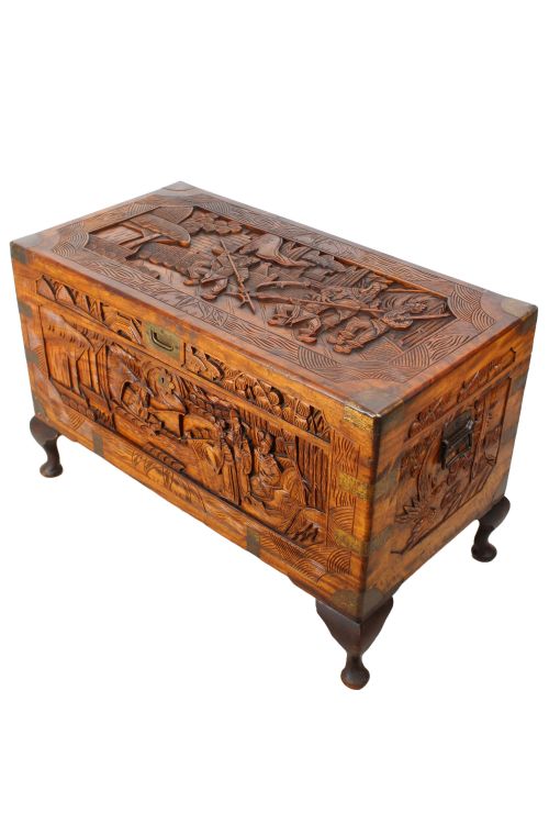 fig 1. Antique Carved Chinese Camphor Wood Chest Coffee Table