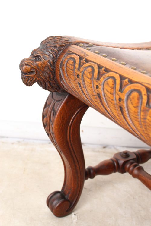 LARGE ANTIQUE EDWARDIAN LIONS HEAD CARVED OAK STOOL - ADDITIONAL PHOTO 8