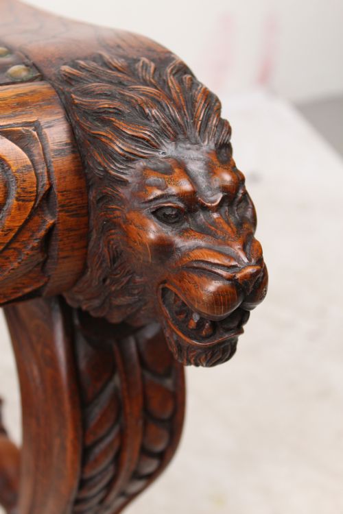 LARGE ANTIQUE EDWARDIAN LIONS HEAD CARVED OAK STOOL - ADDITIONAL PHOTO 12