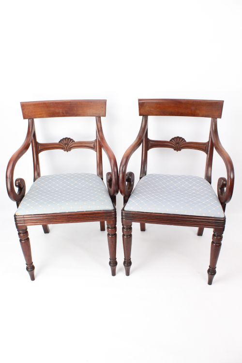 Pair Victorian Mahogany Scroll Arm Carver Chairs