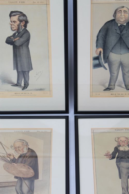 fig 1. A set of four framed antique Victorian Vanity Fair caricature lithographs depicting notable men in black frames with cream mounts.