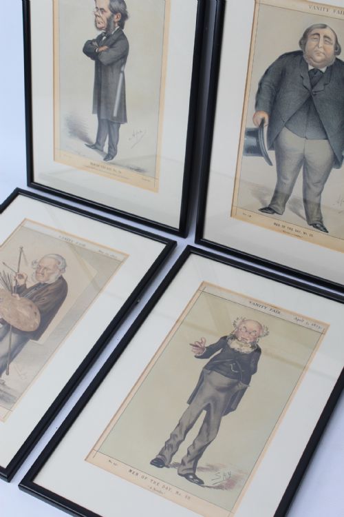 fig 2. A set of four framed antique Victorian Vanity Fair caricature lithographs depicting notable men in black frames with cream mounts.