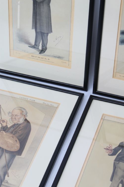 fig 3. A set of four framed antique Victorian Vanity Fair caricature lithographs depicting notable men in black frames with cream mounts.