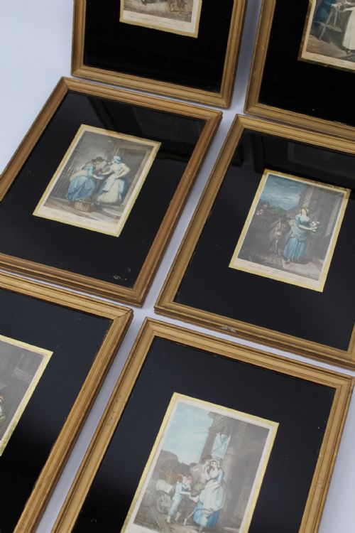 fig 1. A set of six framed antique prints depicting Francis Wheatleys Cries of London series with black glass mounts and gilded wooden frames.