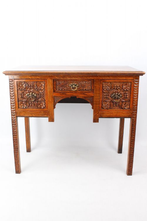 Small Victorian Arts & Crafts Carved Oak Desk