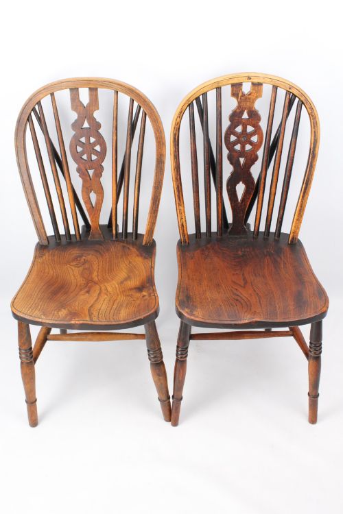 Near Pair Antique Elm Windsor Kitchen Chairs
