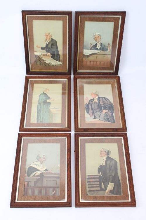 fig 1. A set of six framed antique Vanity Fair lithographs featuring caricatures of judges and barristers in legal robes and wigs, presented in dark wood frames with gilt slips.