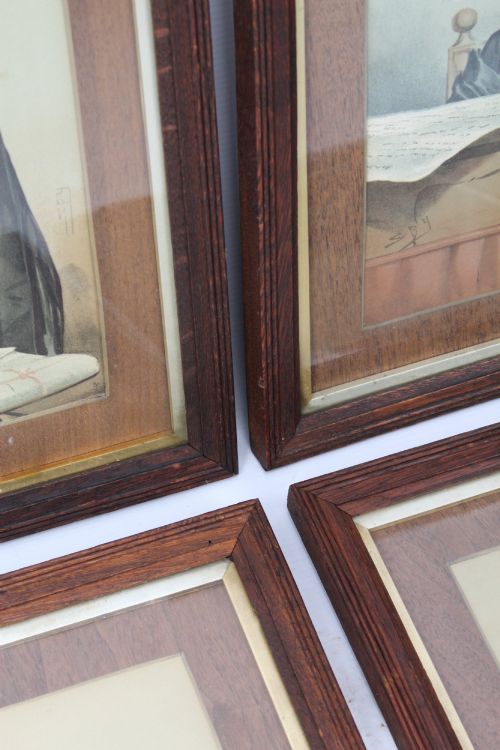 fig 3. A set of six framed antique Vanity Fair lithographs featuring caricatures of judges and barristers in legal robes and wigs, presented in dark wood frames with gilt slips.