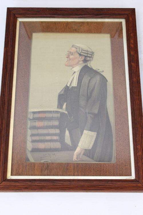 fig 6. A set of six framed antique Vanity Fair lithographs featuring caricatures of judges and barristers in legal robes and wigs, presented in dark wood frames with gilt slips.