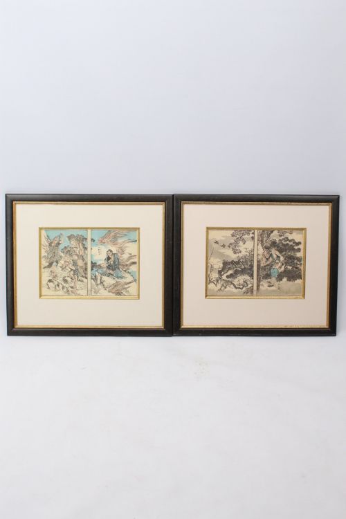 fig 1. A pair of framed Japanese woodblock prints featuring detailed figurative and landscape illustrations mounted in cream mats within dark wooden frames.