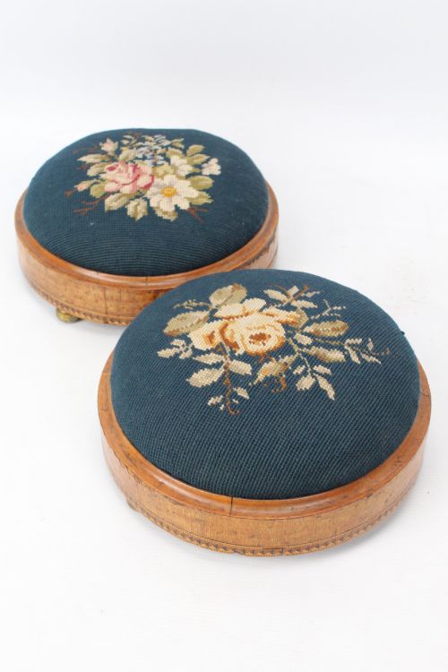Pair Early Victorian Tunbridge Ware Needlepoint Foot Stools