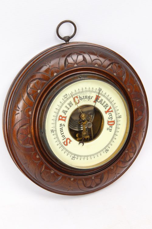 Victorian Walnut Skeleton Circular Aneroid Barometer