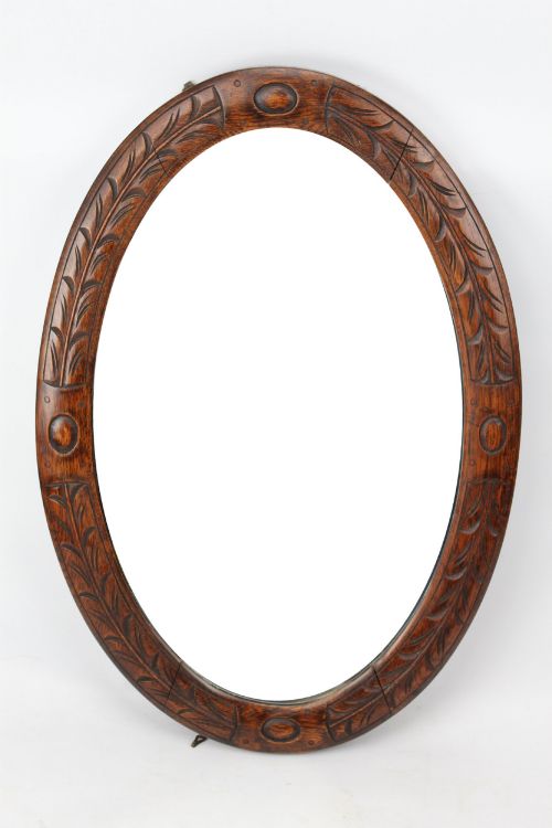 Edwardian Carved Oak Oval Wall Mirror