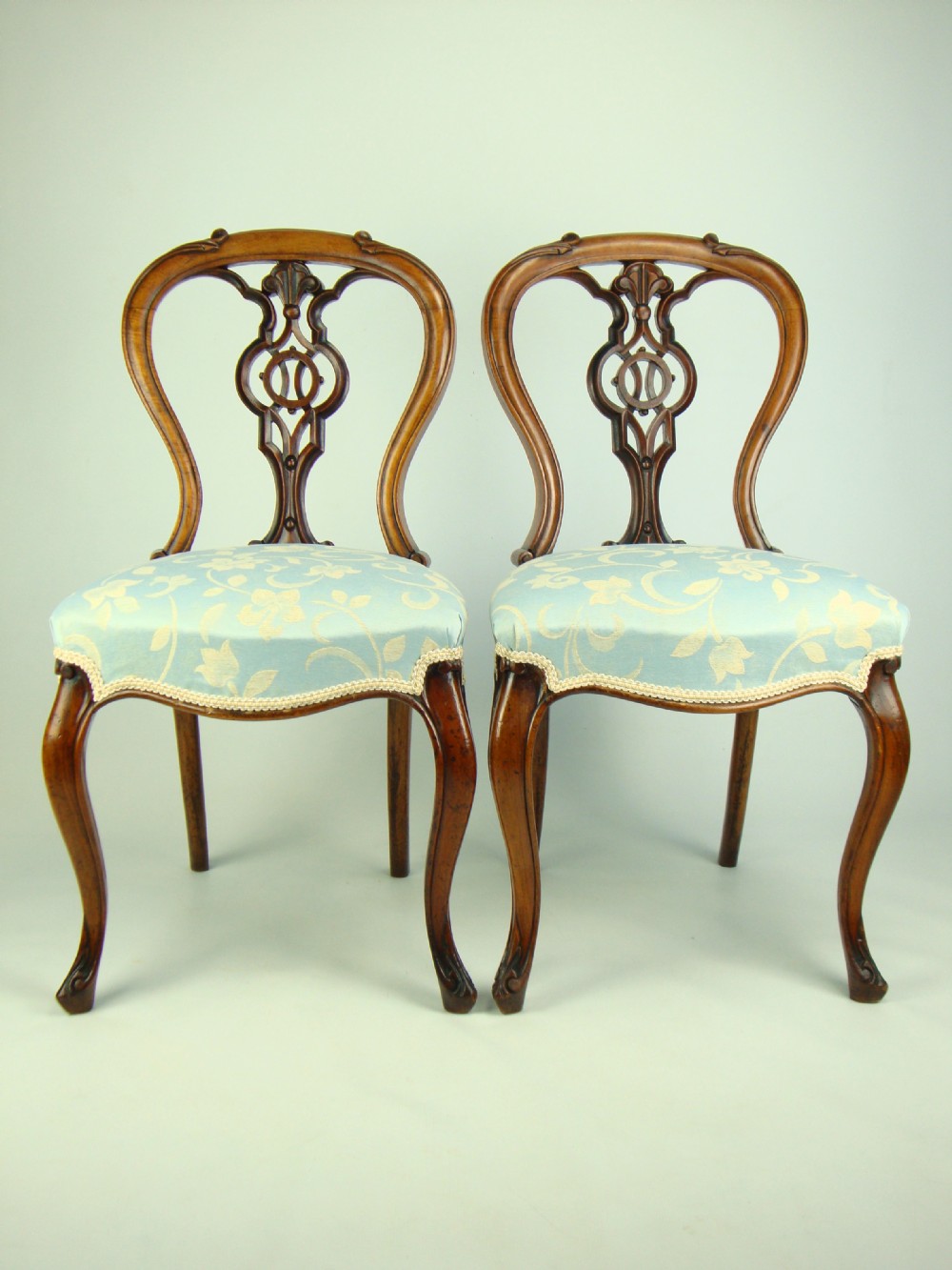 Pair Antique Victorian Balloon Back Walnut Chairs