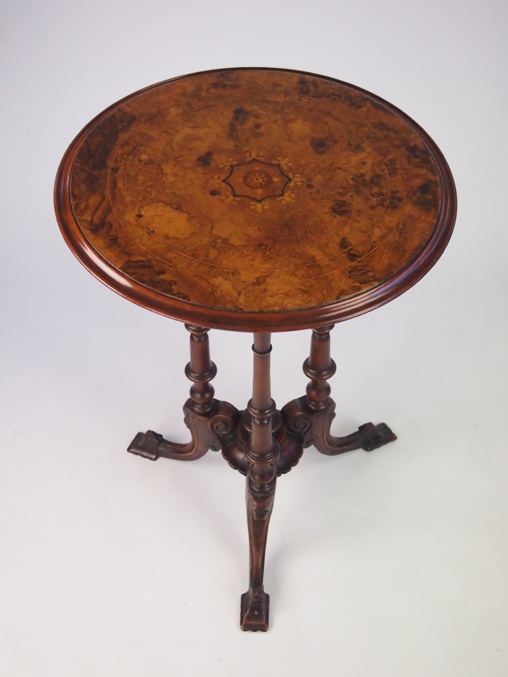 Fine Antique Victorian Burr Walnut Tripod Lamp Table