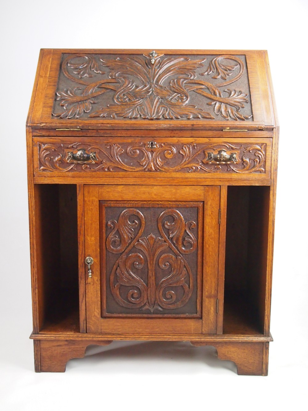 Antique Ewardian Carved Oak Bureau