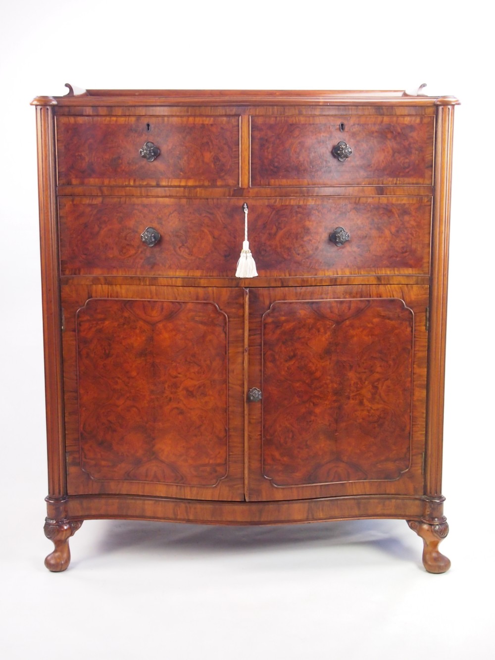 Waring and Gillows Burr Walnut Serpentine Chest Drawers on Cupboard