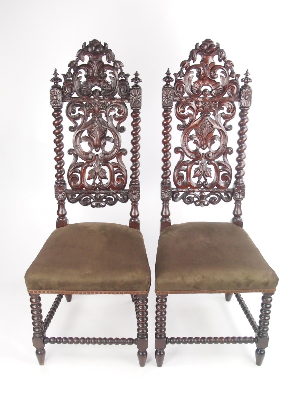 Tall Pair Antique Victorian Gothic Oak Chairs