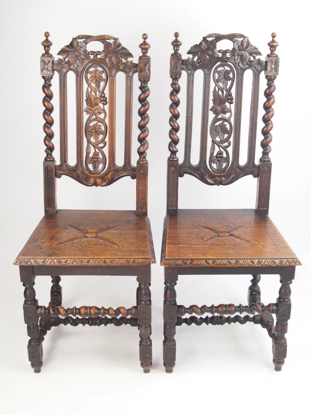 Pair Antique Victorian Gothic Oak Chairs with Label