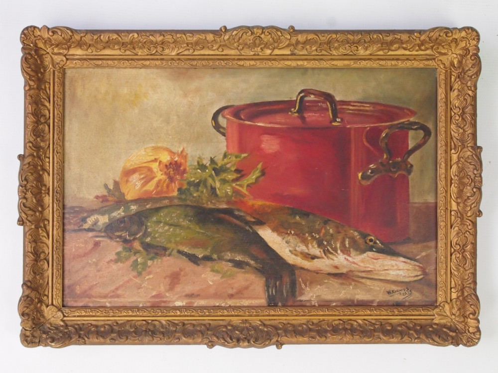 Oil Painting of Fish and kettle Signed and Dated 1935