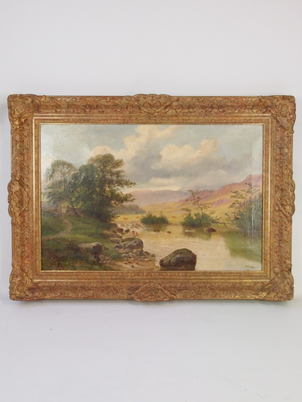 Large Antique Victorian Henry W. Henley Oil Painting Salmon Fishing North Wales