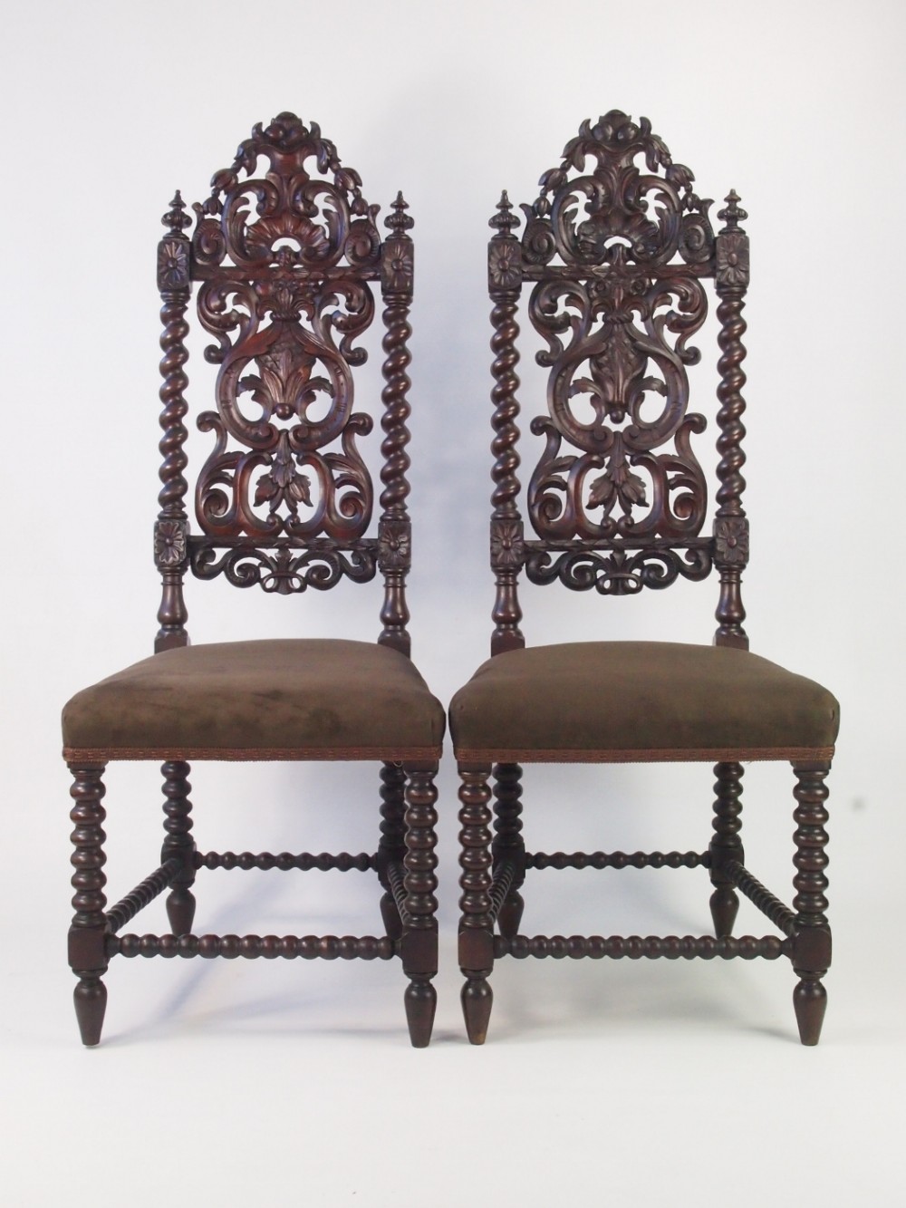 Tall Pair Antique Victorian Gothic Oak Hall Chairs