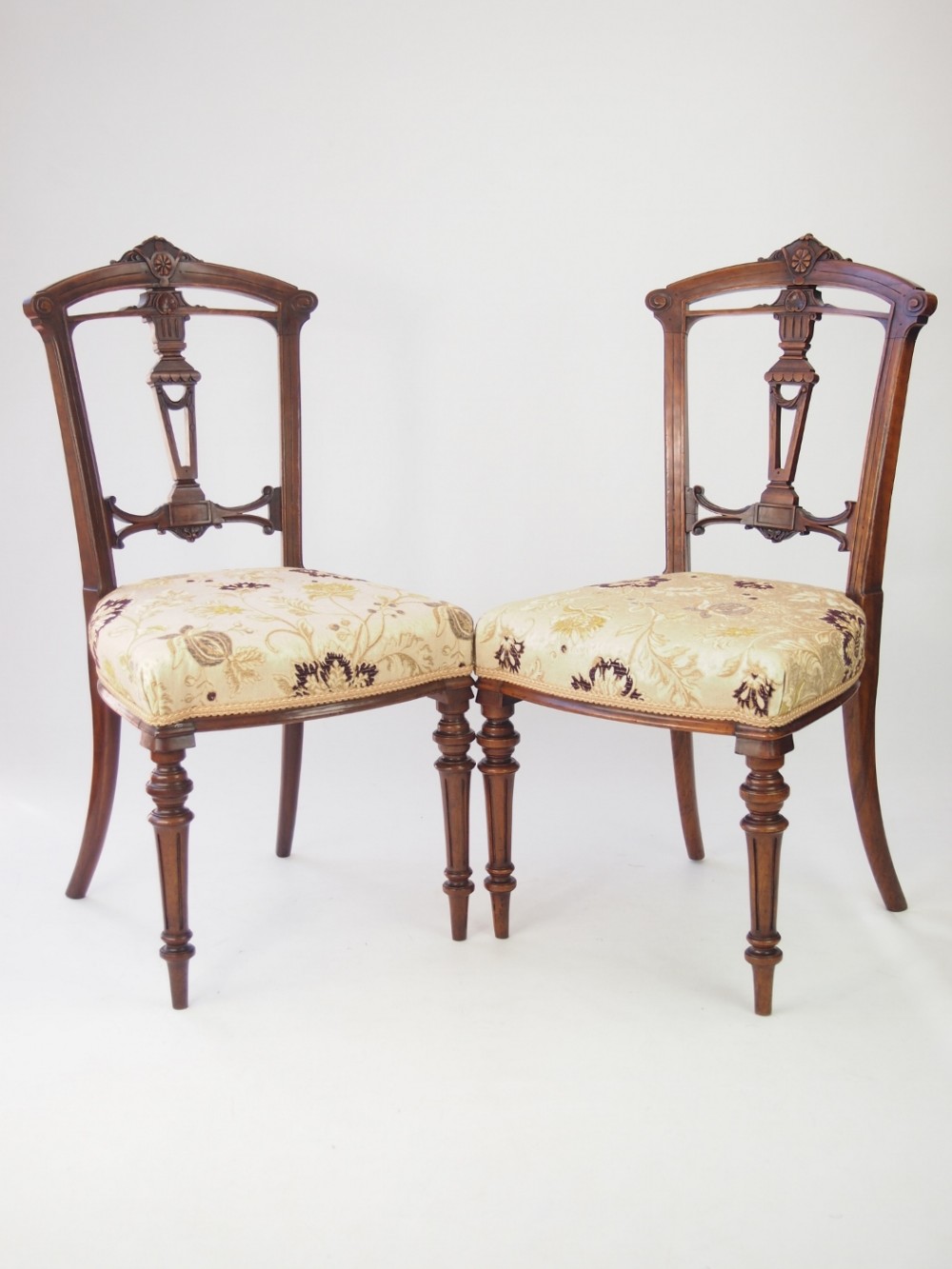 Pair Victorian Walnut Balloon Back Chairs