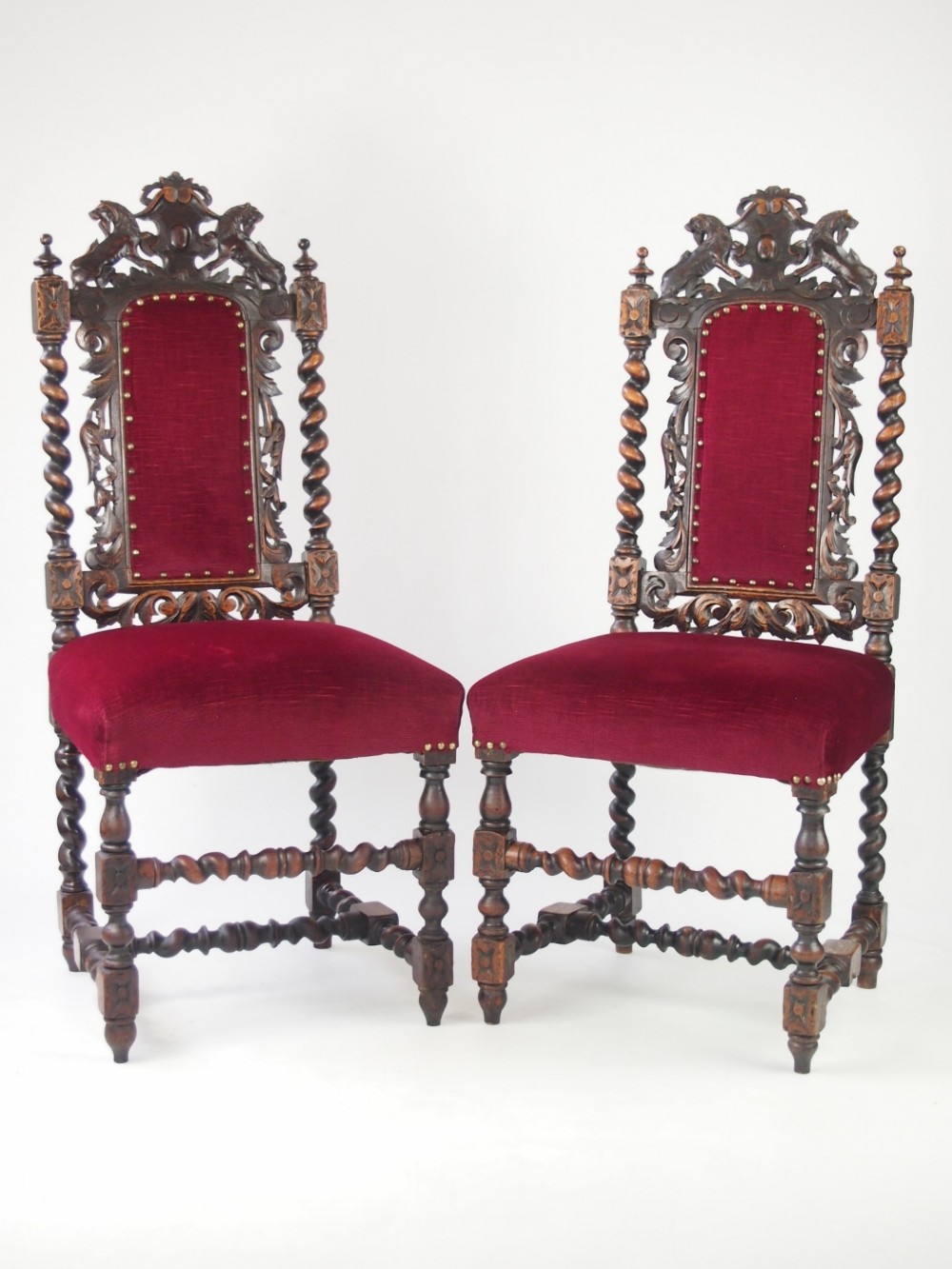 Pair Antique Victorian Gothic Oak Chairs