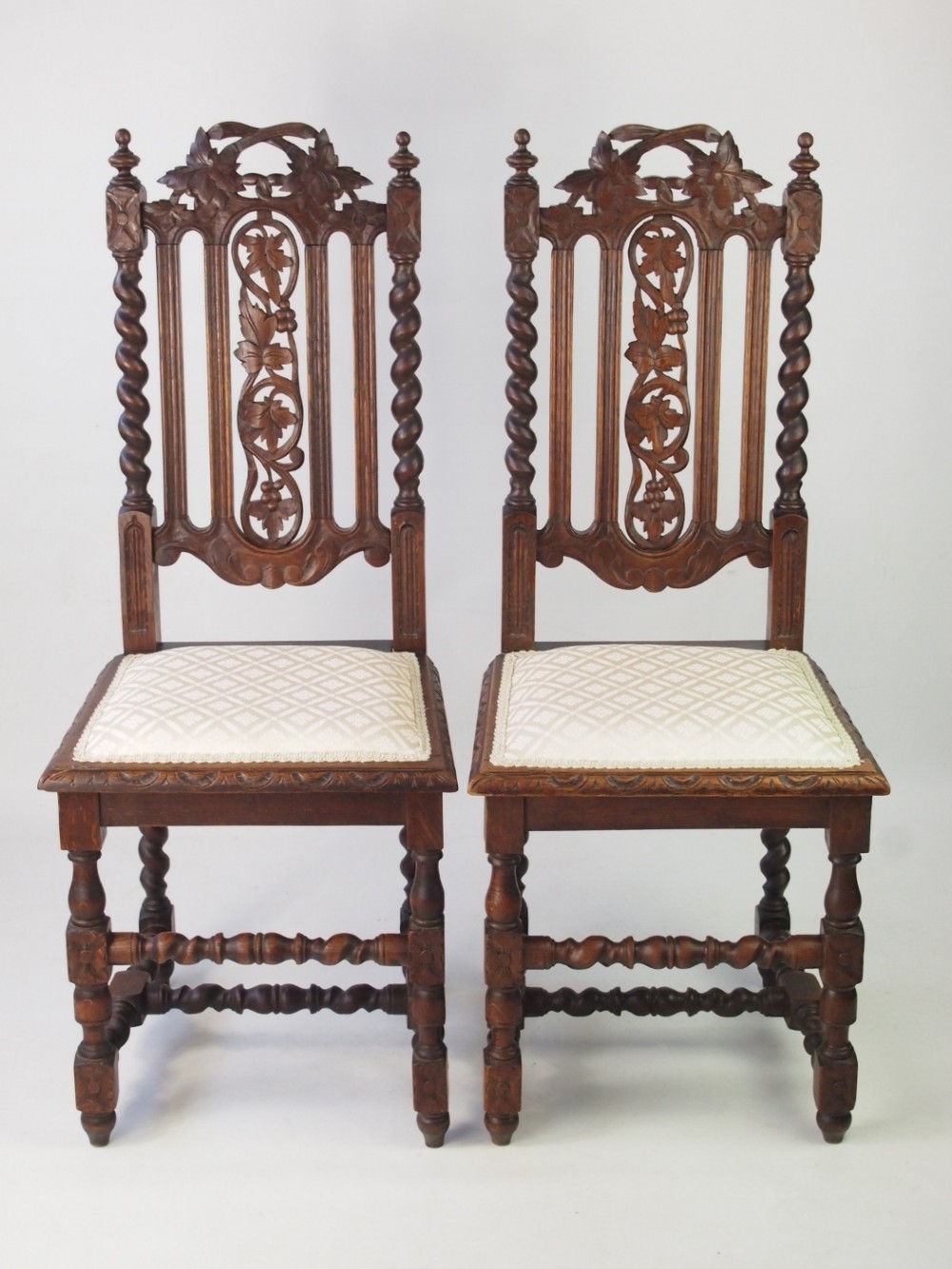 Pair Antique Victorian Gothic Revival Oak Chairs