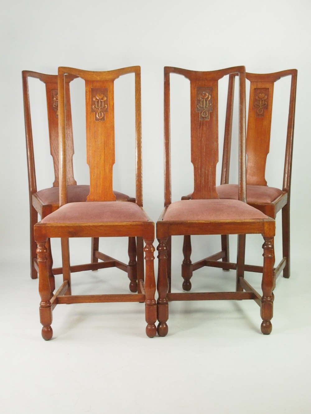 Set 4 High Back Oak Dining Chairs