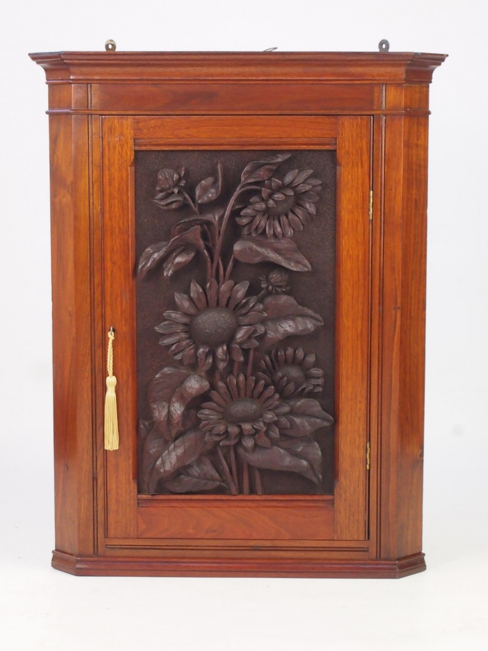 Small Victorian Sunflower Carved Corner Cabinet