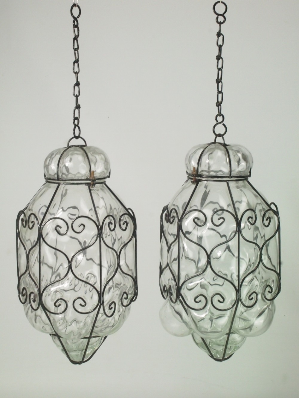 Pair Wire Framed Glass Hanging Lamps