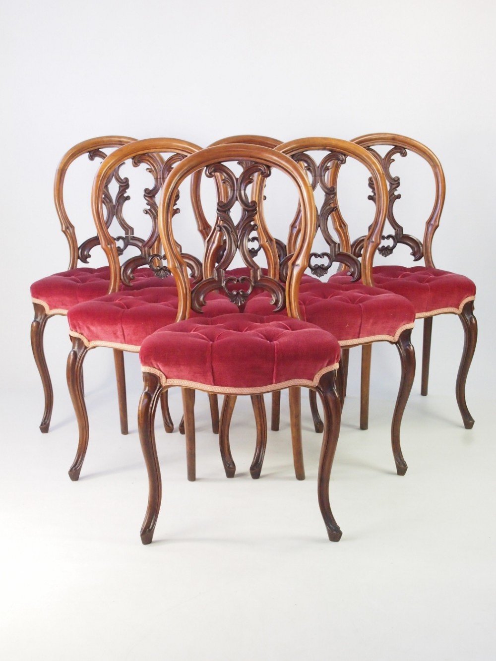 Set 6 Victorian Walnut Balloon Back Chairs