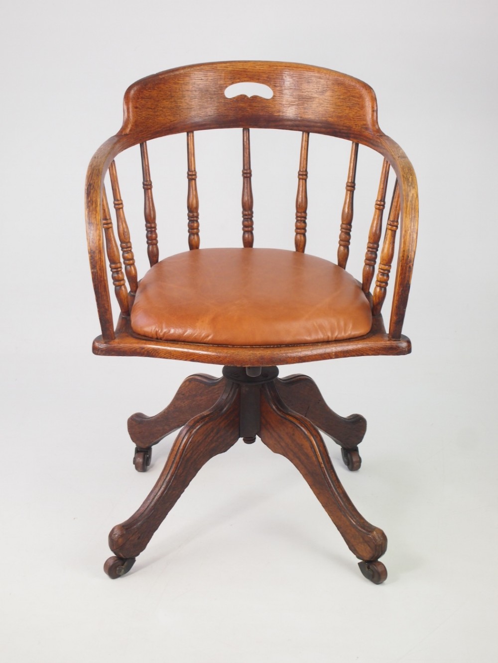 Edwardian Oak Swivel Desk Chair with Leather Seat
