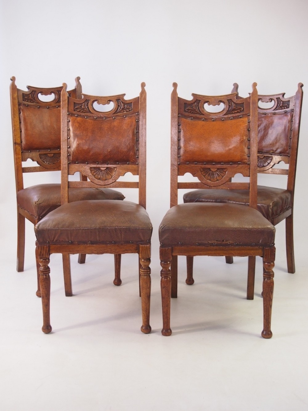 Set 4 Arts & Crafts Dining Oak Chairs for Reupholstery