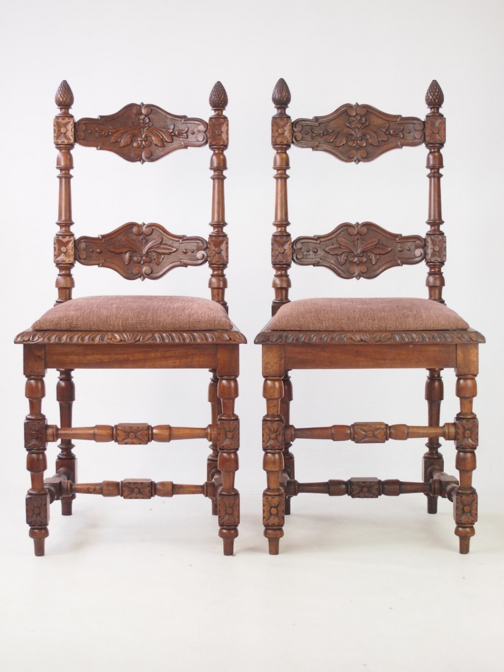 Pair Antique Walnut Chairs with Acorn Finials