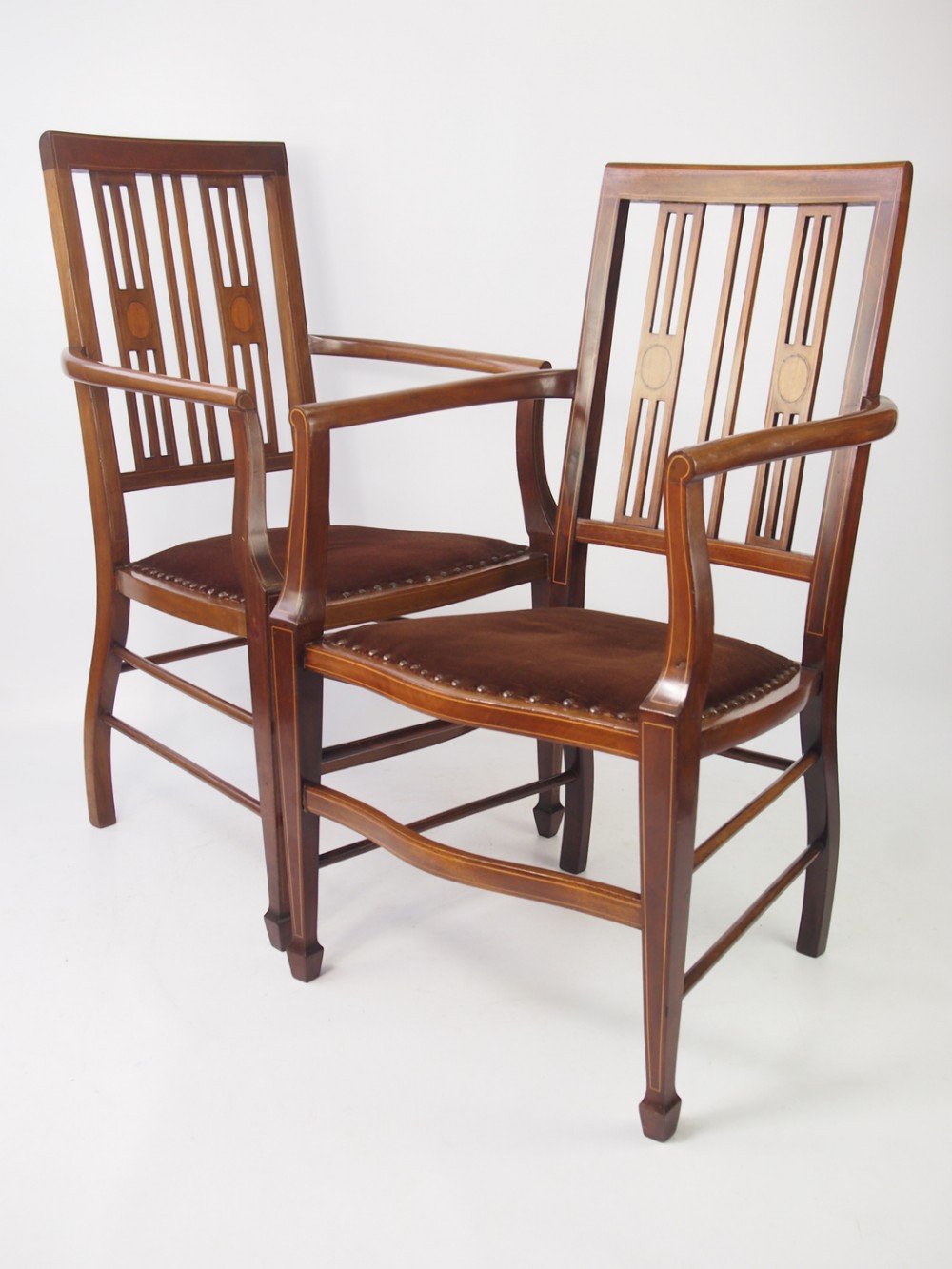 Pair of Edwardian Inlaid Mahogany Open Armchairs