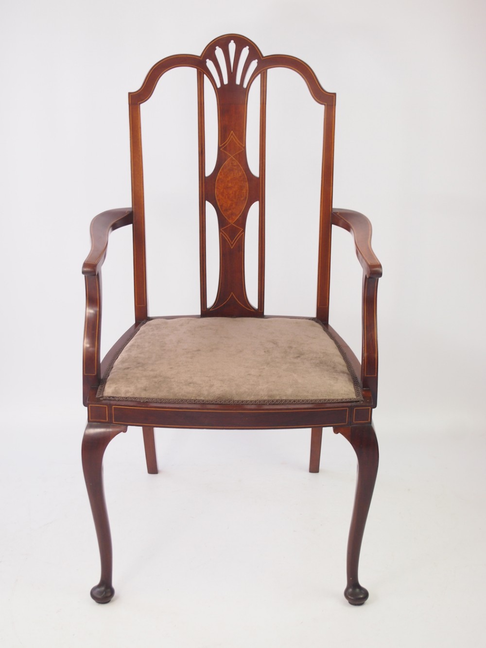 Edwardian Mahogany & Inlaid Open Armchair
