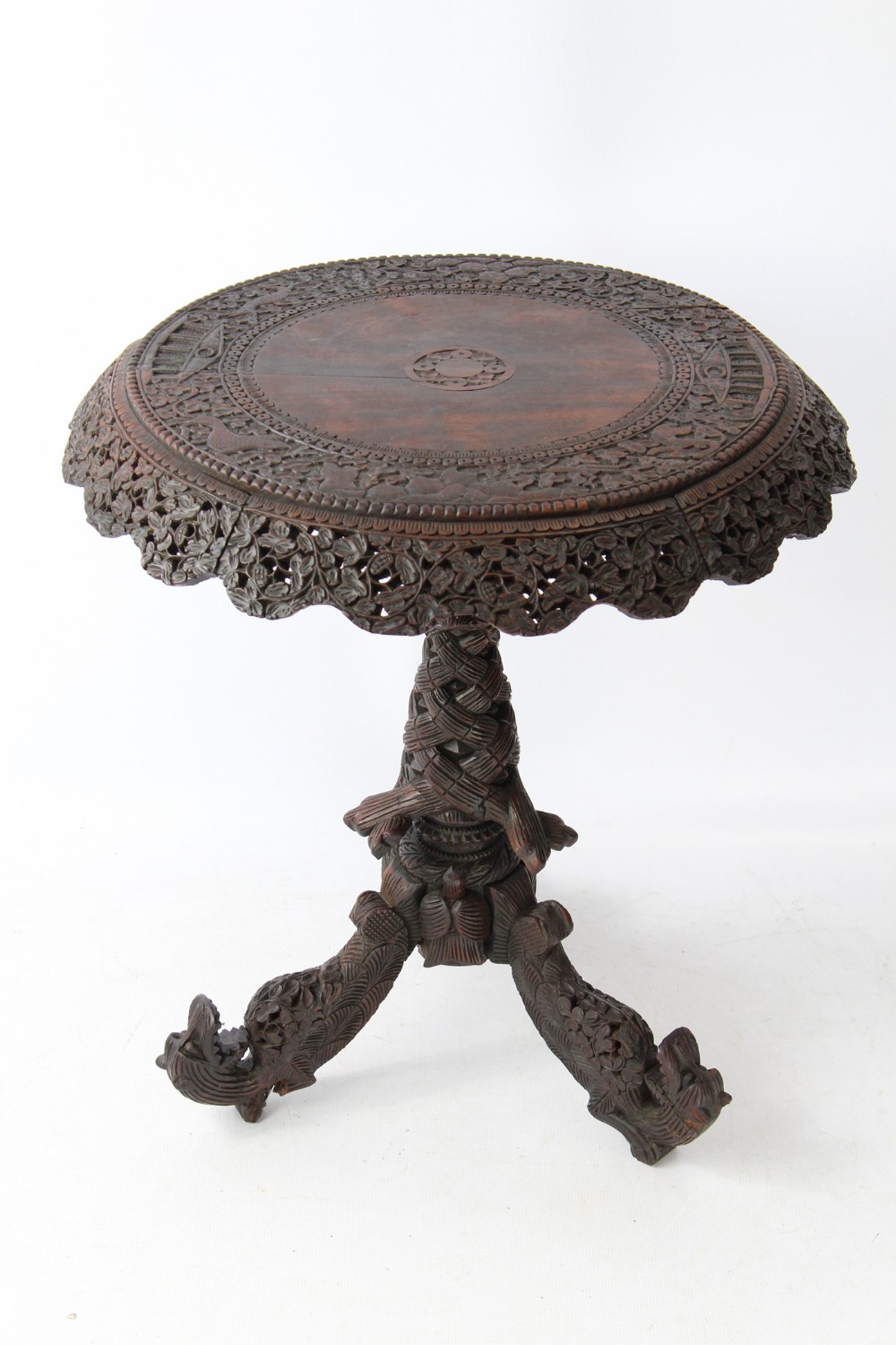 Antique Burmese Carved Rosewood Tilt-Top Side Table