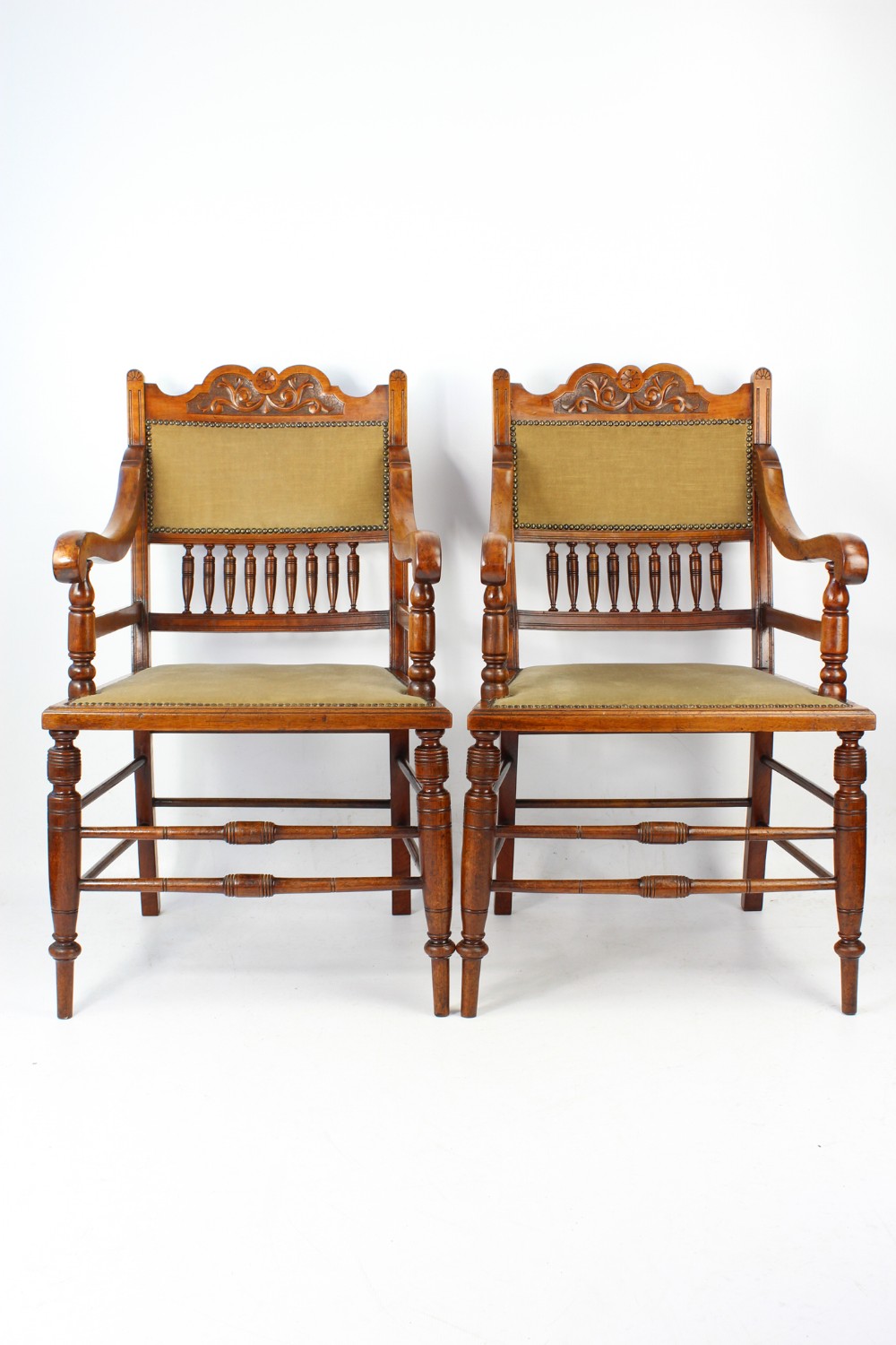 Pair Edwardian Arts & Crafts Walnut Chairs Open Armchairs