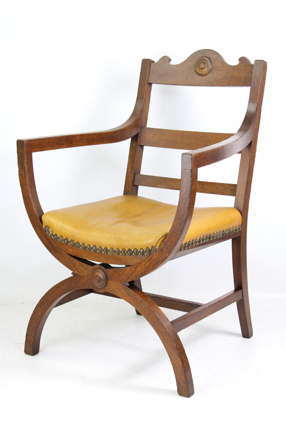 Edwardian Arts & Crafts X-Frame Oak Armchair