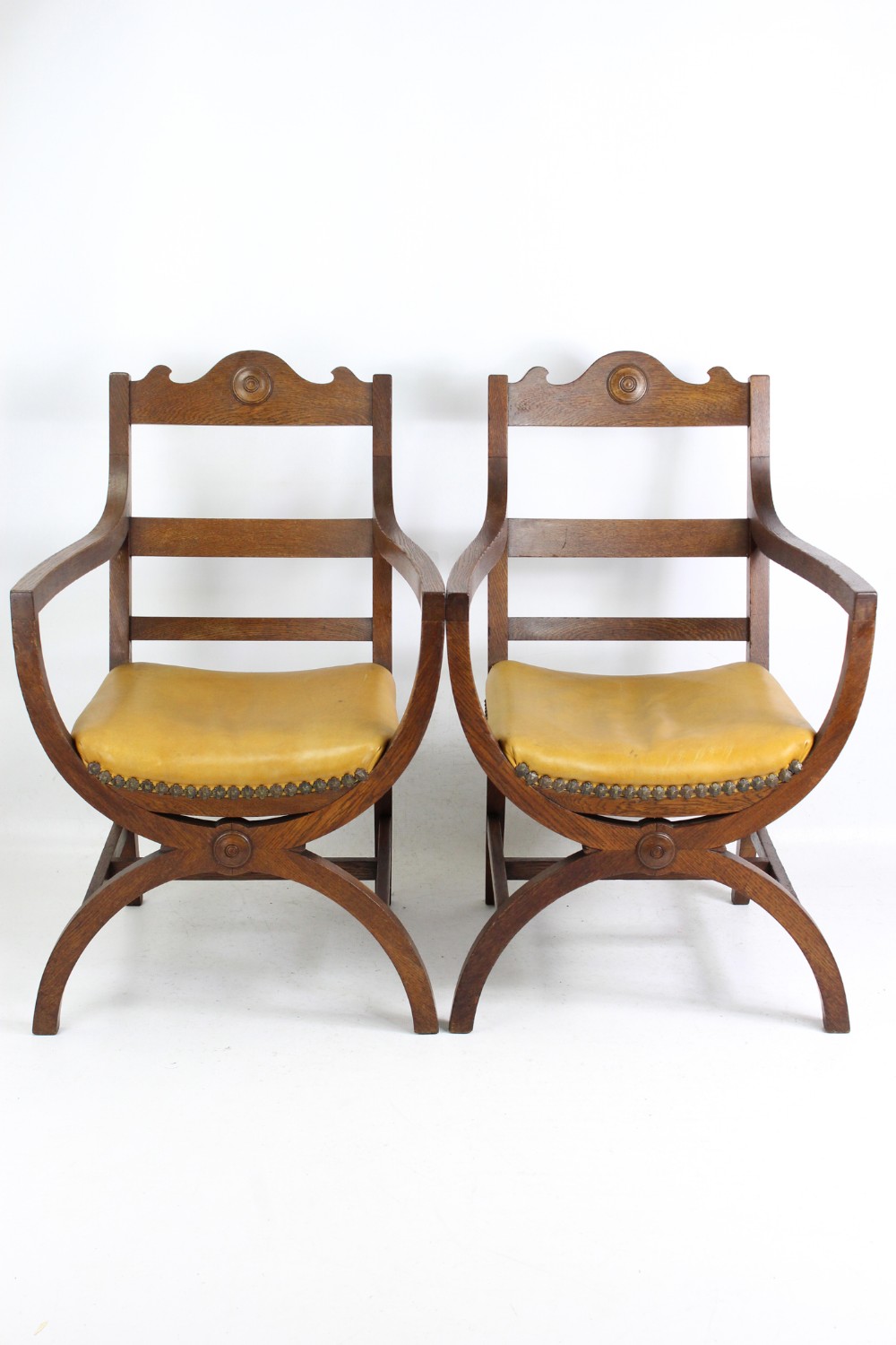 Pair Edwardian Arts & Crafts X-Frame Oak Armchairs