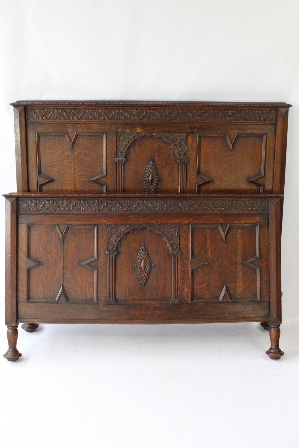 Antique Edwardian Oak Jacobean Revival Double Bed