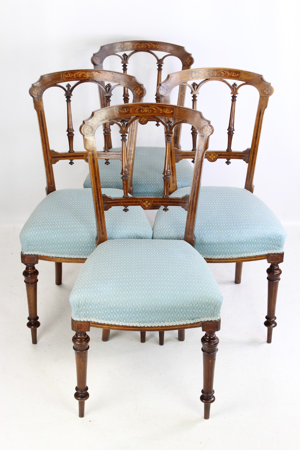 Set 4 Victorian Inlaid Walnut Balloon Back Chairs