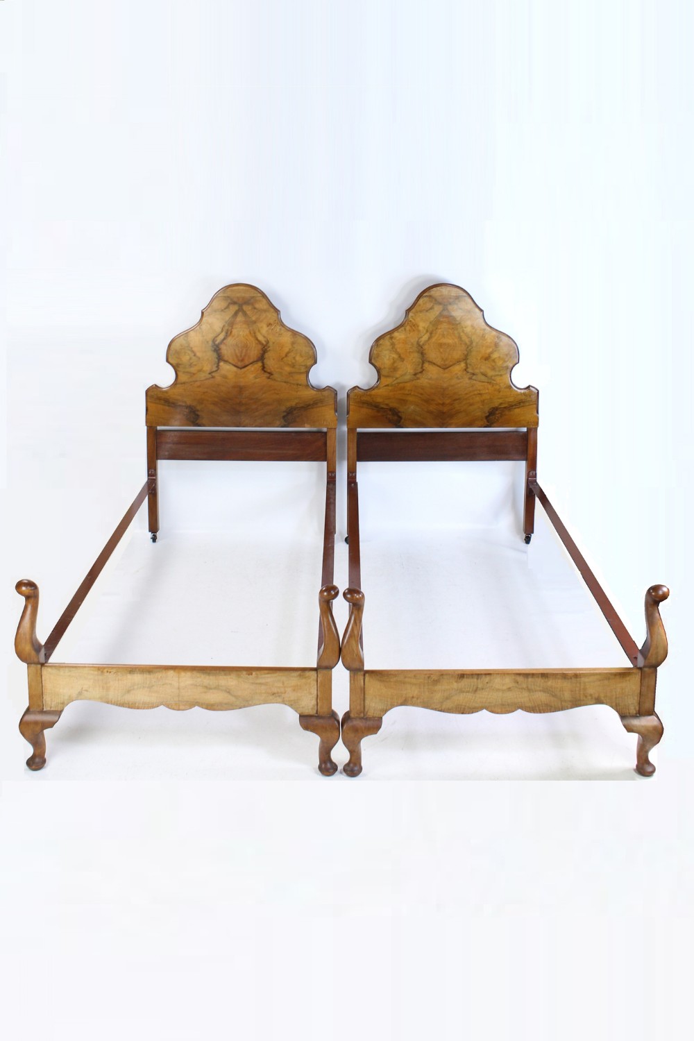 Pair Queen Anne Revival Walnut Single Beds