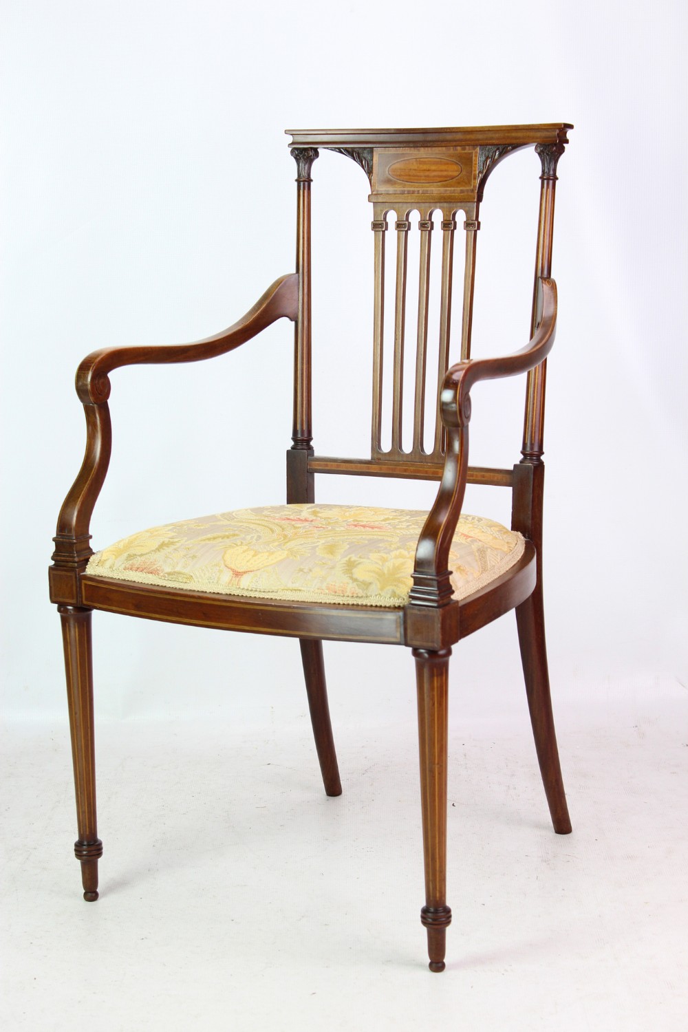 Edwardian Mahogany & Inlaid Open Armchair by Thos Turner