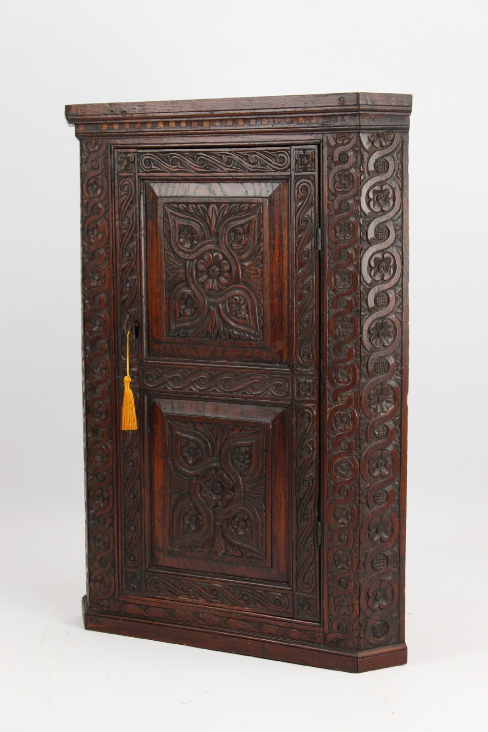 Small Victorian Gothic Carved Elm Corner Cupboard