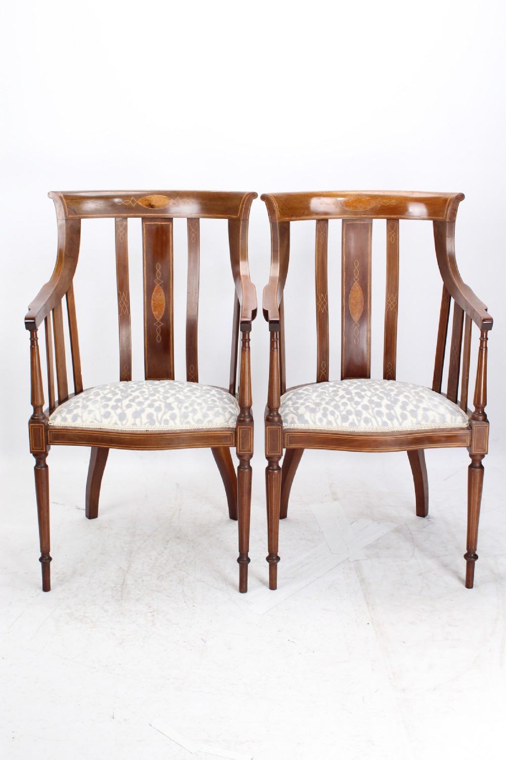 Pair Edwardian Inlaid Mahogany Tub Chairs Armchairs