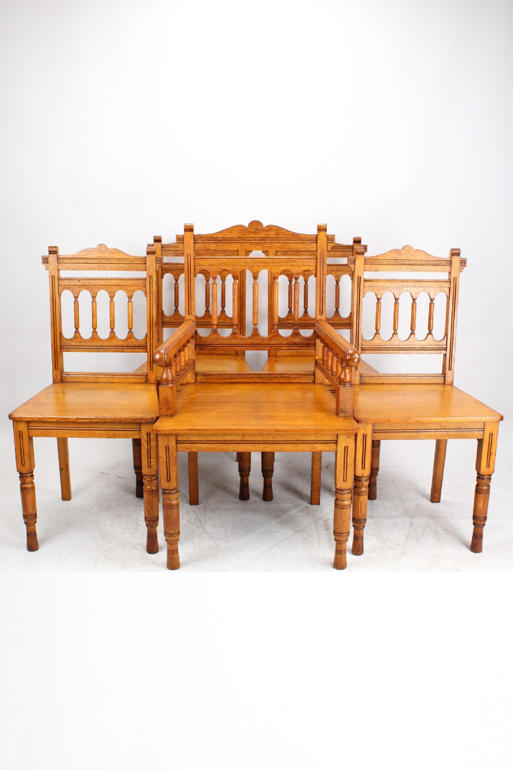 Set 5 Victorian Gothic Revival Oak Dining Chairs