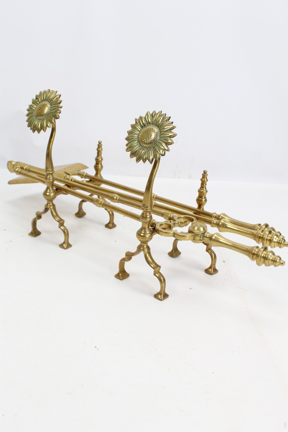 Victorian Arts & Crafts Fire Dogs & Set of Fire Irons